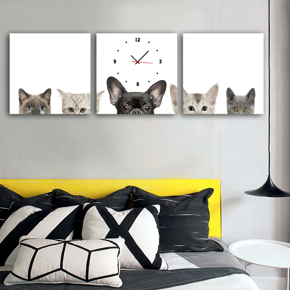 

MINI SIZE Art Print Cats And Dogs Clock in Canvas 3pcs wall clock