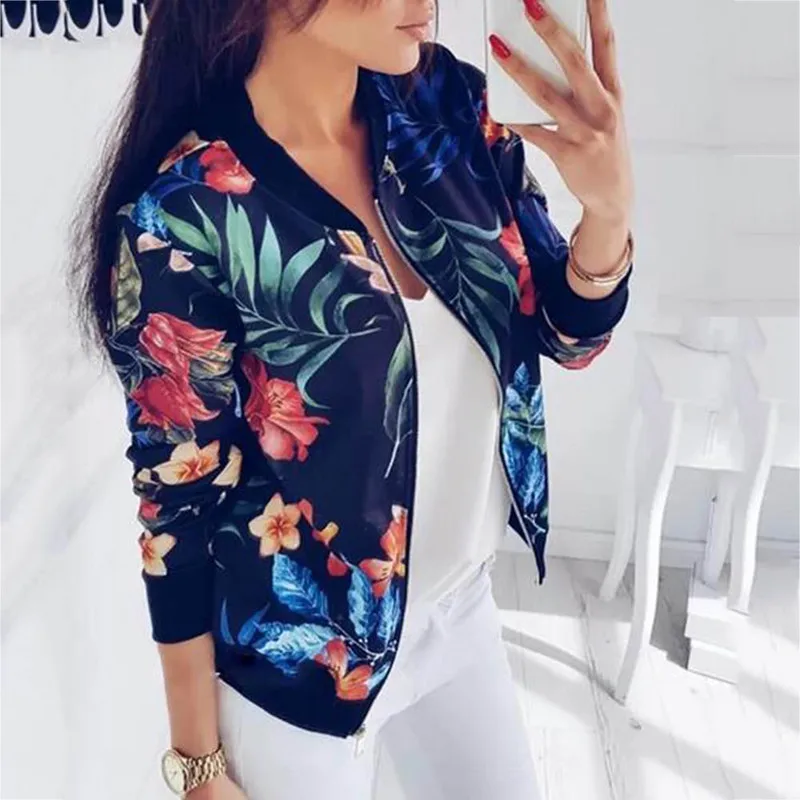

Women Jackets Flower Floral Print Retro Ladies Zipper Up Short Thin Slim Bomber Jacket Coats Fashion Basic Casual Outerwear