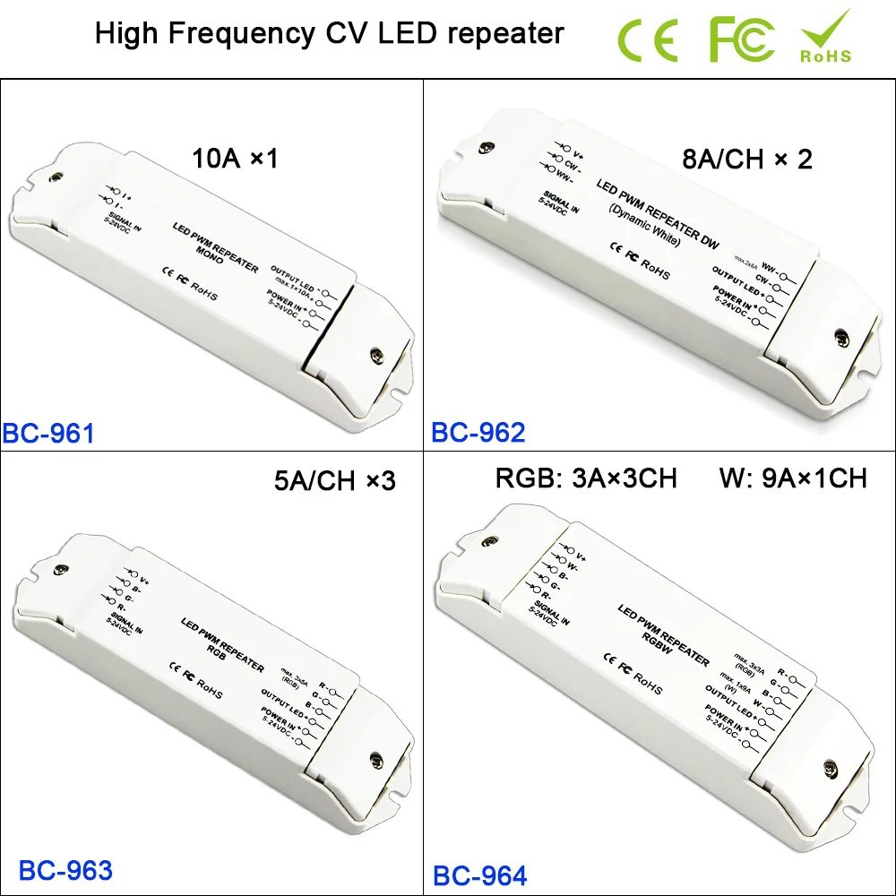

1CH/2CH/3CH/4CH High Frequency constant voltage led power repeater,DC5-24V single color/DW/RGB/RGBW led strip light controller