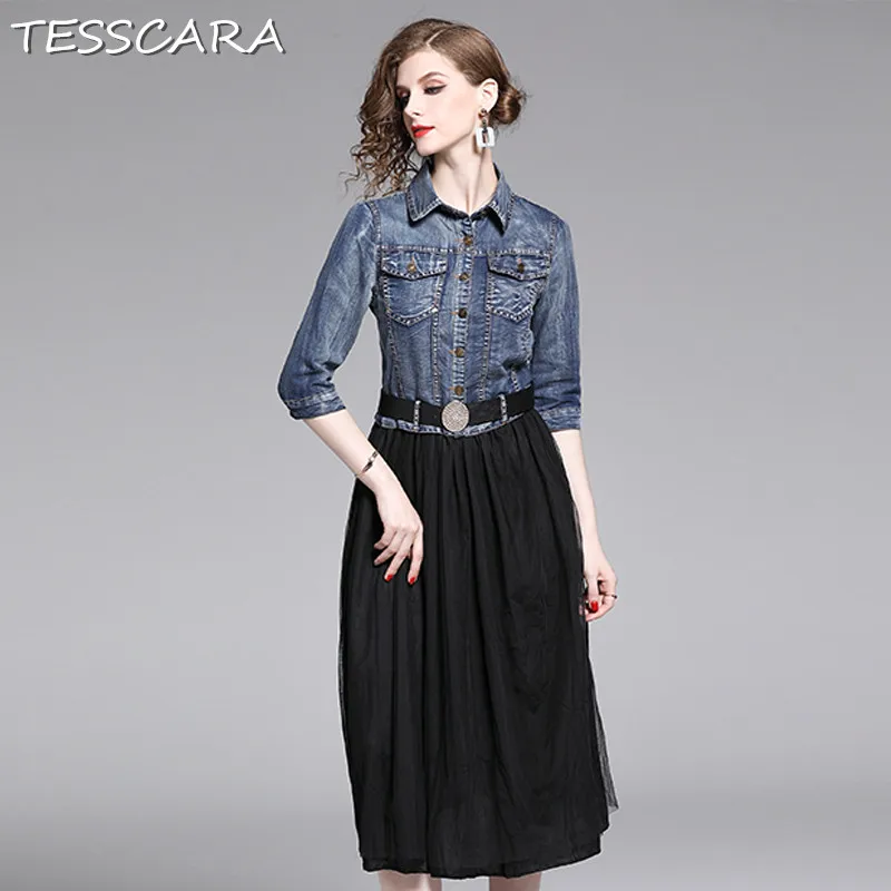 TESSCARA женское осеннее Новое модное джинсовое платье рубашка женская Высококачественная Лоскутная дизайнерская сетчатая Женская длинная повседневная одежда Vestidos
