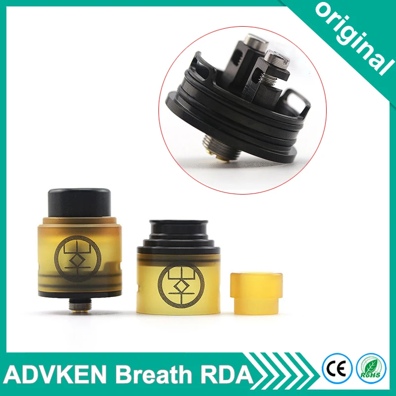 

Original ADVKEN Breath RDA Tank Gold Plated Botton Feed Pin 24mm Rebuildable Dripper Atomizer e-Cigarette vape 510 thread