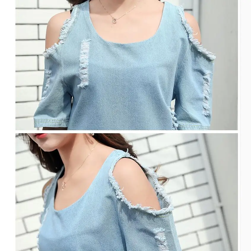 Sexy Off Shoulder Dress Women Holes Hollow Out Tassel Denim Dresses Short Sleeve Summer Ladies Vestido Casual Mini Jeans Dress