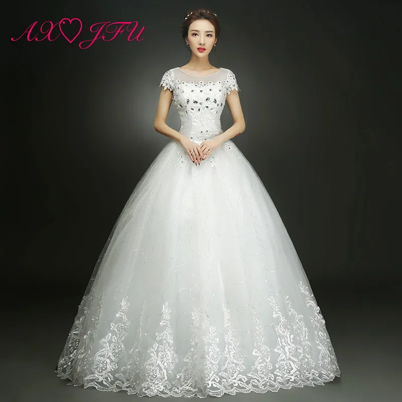 

AXJFU Princess flower white lace wedding dress vintage illusion little flower beading crystal white o neck wedding dress