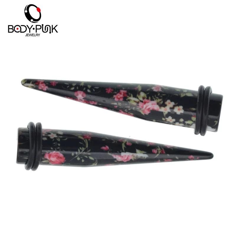 BODY PUNK Sapphire Pink Flower Print Acrylic Taper Ear Expander Piercing Taper Plugs Tunnel Kit Stretcher Gauges Body Jewelry 4