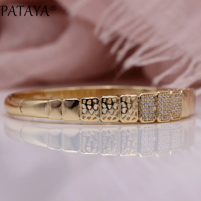 PATAYA, новинка, полые роскошные женские браслеты, белый натуральный циркон, модные украшения, 585, розовое золото, ассиметричный, Свадебный, прекрасный, квадратный браслет