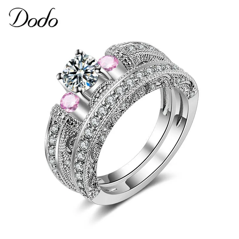 Trendy Exaggerated 585 White Gold Color Couple Rings For Women With 2 Pink Zircon Ring Sets Wedding Jewelry Anillos Mujer DM040
