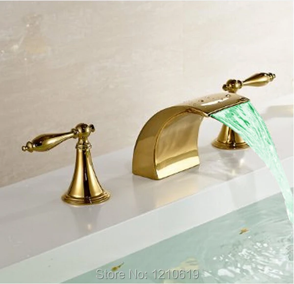 

Newly US Free Shipping Dual Handles Three Holes Bathtub Faucet 3Pcs LED Color Changing Golden Polish Mixer Tap Deck Mounted