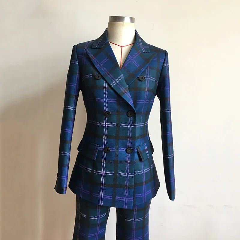 Celebrity Women Runway Stylish Designing Plaid Blazer Suits Flare Pants European Fashion Two-piece Sets Quality Twins Sets Celebrity Women Runway Stylish Designing Plaid Blazer Suits Flare Pants European Fashion Two-piece Sets Quality Twins Sets