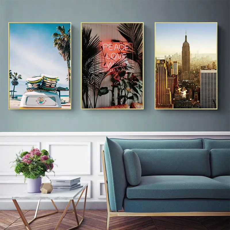 

Gohipang Modern Minimalistic Abstract Leaves Beach City Landscape Illustration Canvas Painting Art Print Poster Picture For Home