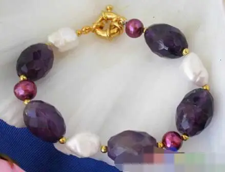 

FREE SHIPPING>>>@@ 3721 nature faceted amethyst WHITE PURPLE freshwater pearl BRACELET