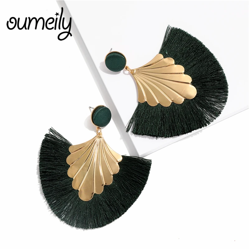 

Green Tassel Earrings for Women Bohemian Female Vintage Gold Color Metal Big Fringe Leaf Earrings Elegant Statement Jewelry