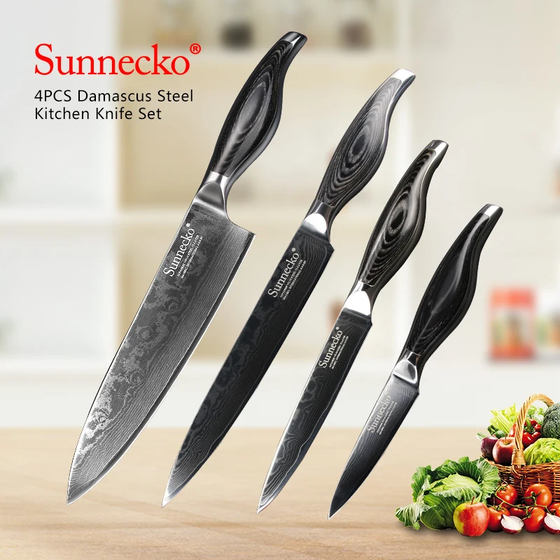 

SUNNECKO Slicer Utility Chef Knife 4PCS Kitchen Knives Set Japanese Damascus VG10 Steel Sharp Pakka Wood Handle Cutter Tools