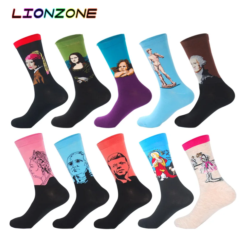 

10 Pairs/Lot Men Socks Combed Cotton Brand Famous Oil Painting Striped Totem Ling Plaid Funny Happy Dress Male Sock + Free Gift