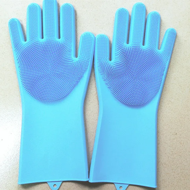 Магия Многоразовые силиконовые очистки перчатки для мытья посуды скруббер термостойкие оттирать губкой щетина для мытья блюдо Кухня - Цвет: Синий