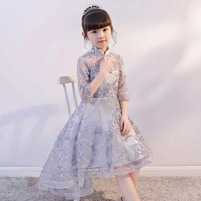 

5 Colors Flower Girl Dresses for Wedding Short Front Long Back Princess Dress Stand Collar Kids Pageant Dress for Birthday B253
