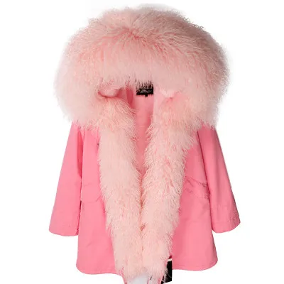 Длинная парка, зимняя куртка для женщин, натуральная монгольская овечья шерсть, Толстая теплая парка, натуральный мех, пальто с капюшоном размера плюс, белая - Цвет: Розовый