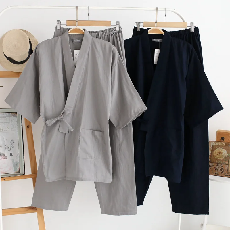 Традиционные для мужчин японские пижамы наборы для ухода за кожей 100% хлопок простой кимоно юката Ночная рубашка пижамы халат одежда отдыха