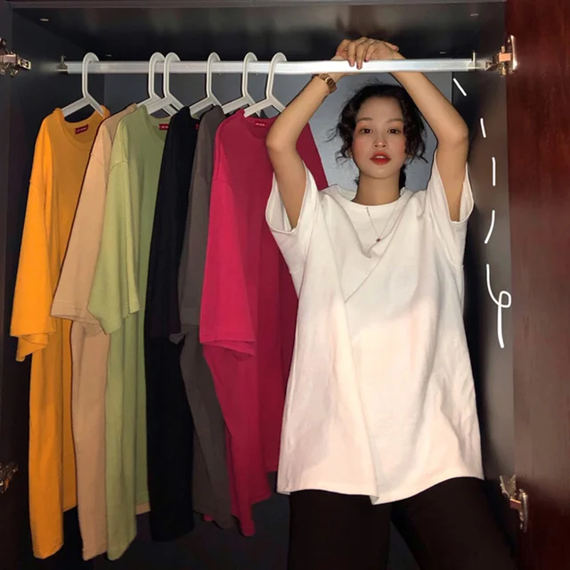 US $7.65 oversize Tee Shirt 7 Solid Color Basic T-shirts Women Casual Harajuku Summer new long Tops Korean H