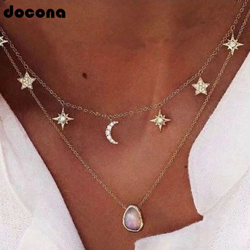 

Docona Boho Gold Color Crystal Star Moon Layered Necklaces for Women White Water Drops Stone Pendant Necklace Boho Jewelry 5424