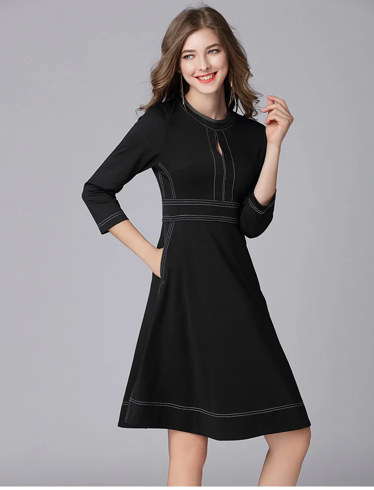 Женское платье, L-5XL, черное, модное, сексуальное, Брендовое, официальное, для женщин, o-образный вырез, рукав 7/10, ТРАПЕЦИЕВИДНОЕ, женское платье