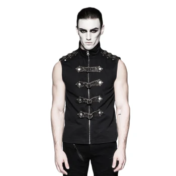 

Punk Armor Men Sleeveless Shirt Leather Belt Zipper Black Casual Vest Gothic Stand Collar Cotton Vest Shirt