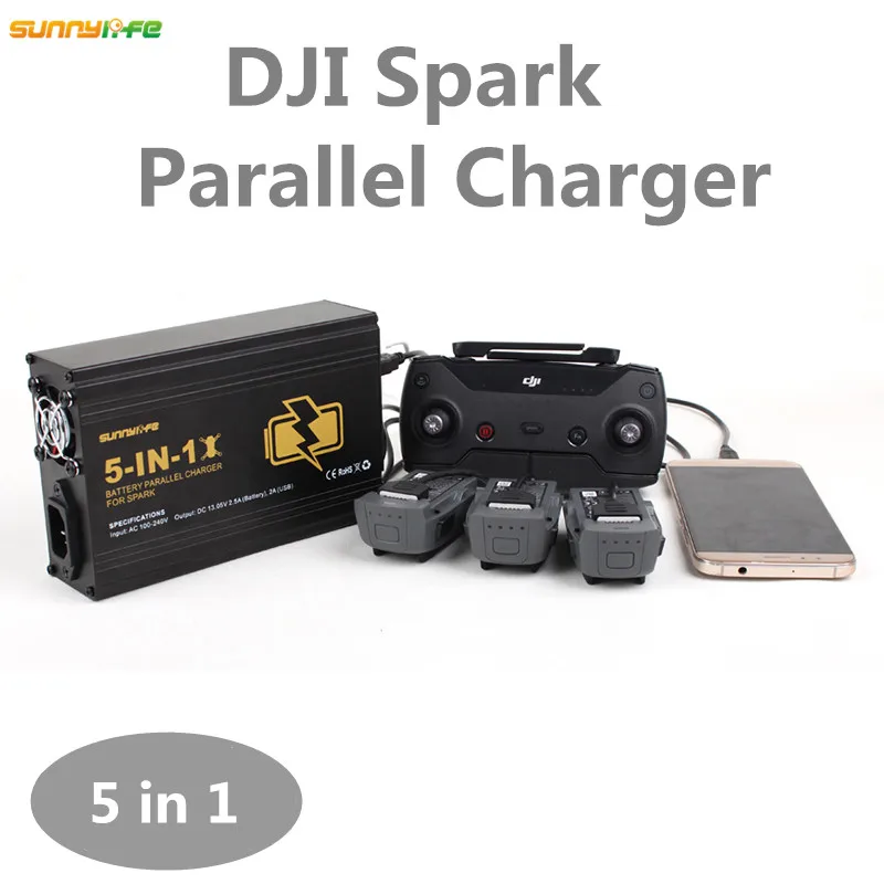 

Sunnylife 5In1 DJI Spark Drone Charger Parallel Remote Controller 3pcs Battery Ports Smartphone Dual USB Port With US EU Plug