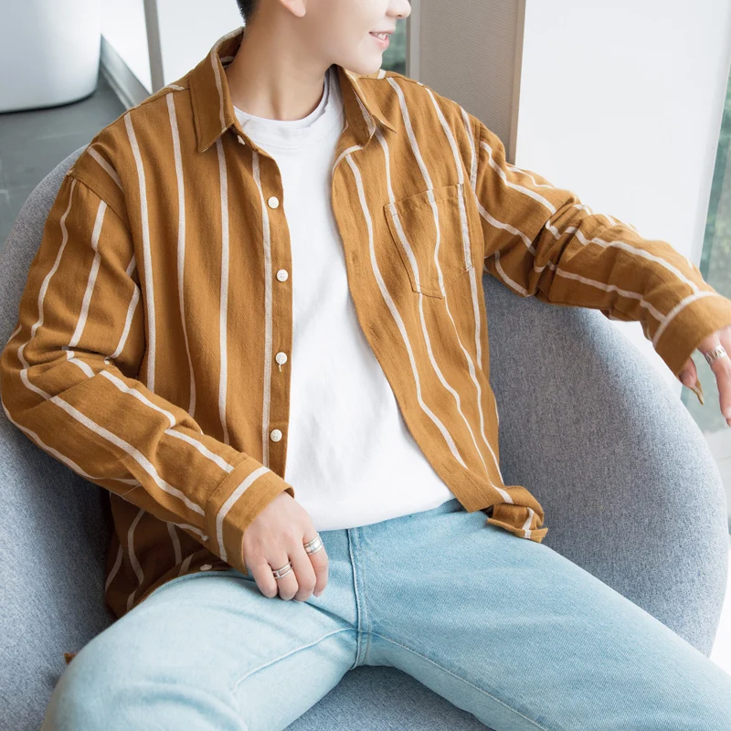 

2018 Spring New yellow Clothes Small Fresh Men's Wear Vertical Stripe Long Sleeve Shirt camisa social masculina Free shipping