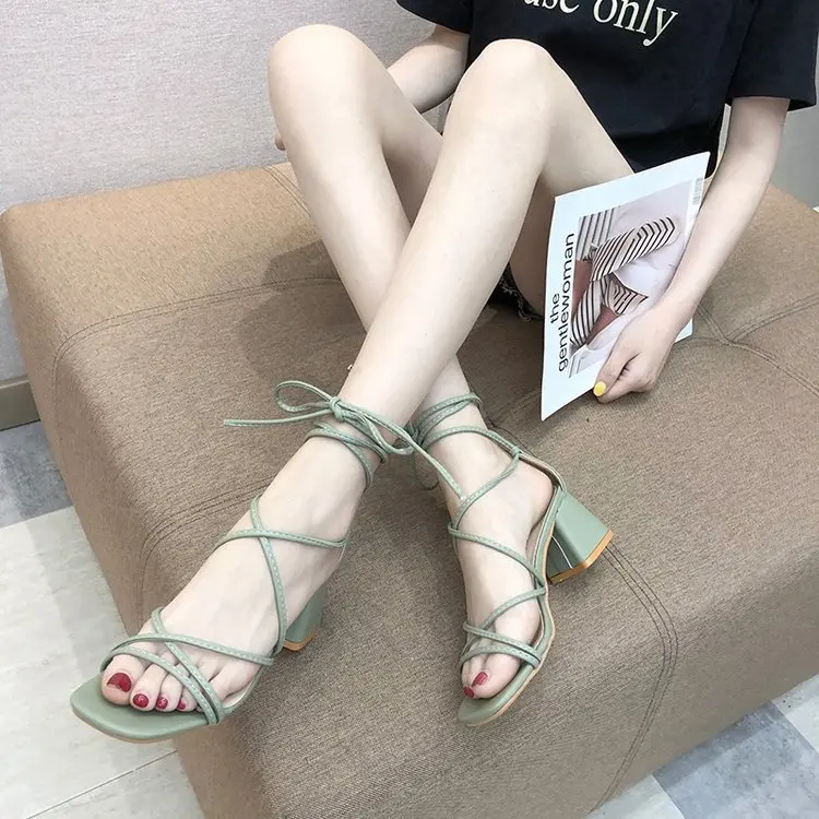 

Women High Heels Sandals Summer Square Heels Ankle Strap Heeled Platform Shoes Ladies Sexy Party Wedding Lace Up Shoes