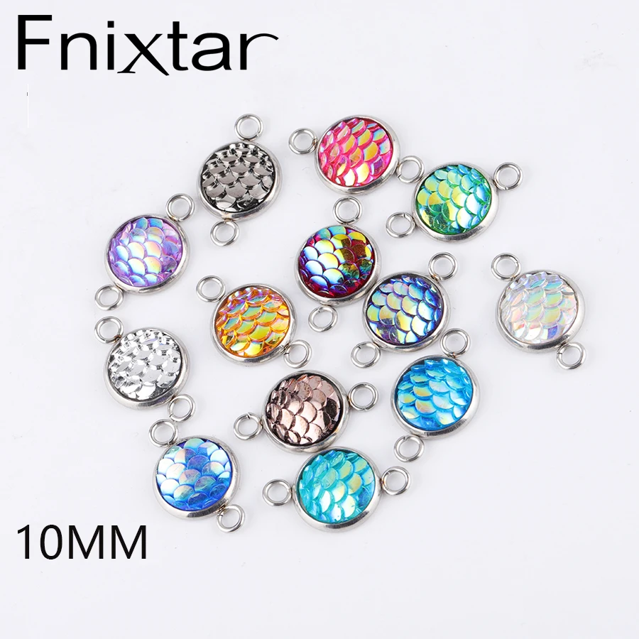 

Fnixtar 50Pcs 10mm Stainless Steel Resin Mermaid Scale Charms Connector AB Colorful Charms For DIY Making Necklaces Bracelets