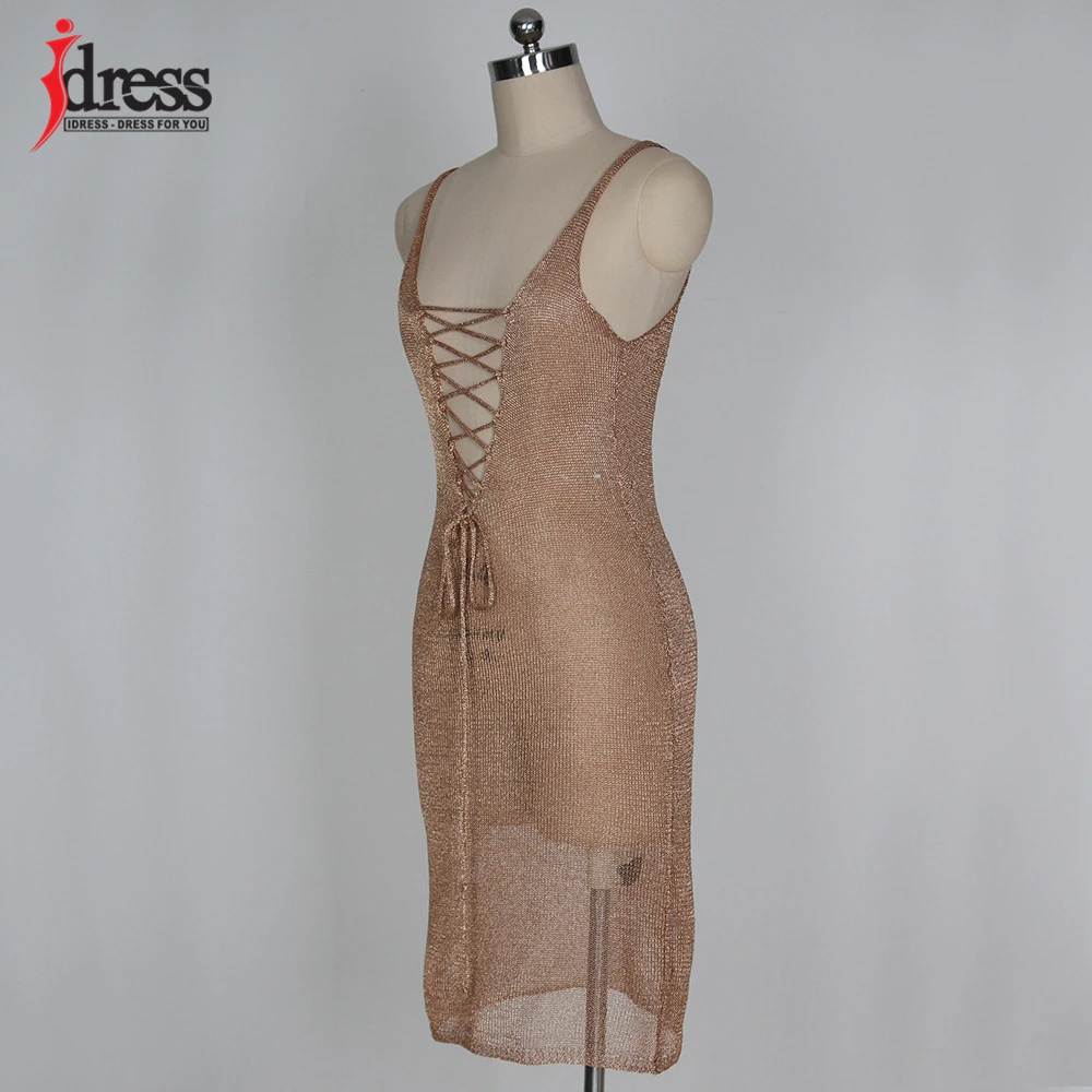 IDress Big Size Rose Gold Women Casual Sleeveless Hollow Out Golden Women Beach Dresses Deep V Neck Lace Up Tank Dress Vestidos (3)
