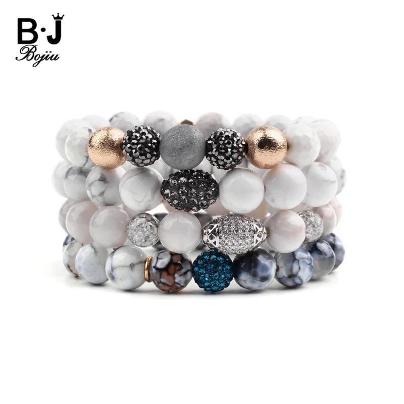 

Boho Natural Gem Stone Women's Charm Bracelets White Howlite Real Dragon Agates Crystal Ball Glass String Beads Bracelet BC314