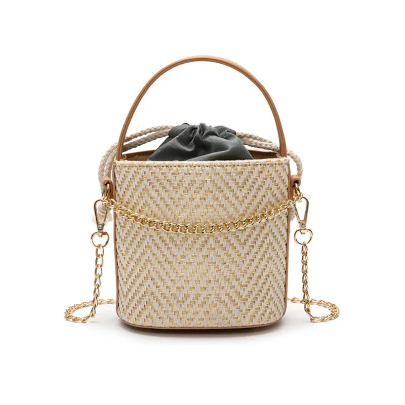 

New Summer Fashion Women Bag Straw Beach Bag Portable Bucket-shaped Female Bag Beige Khaki Shoulder Diagonal Bag