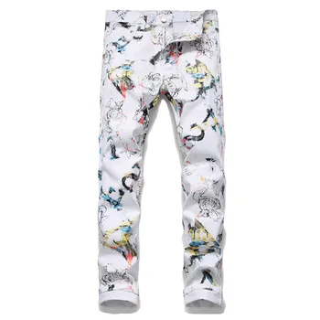 

Animal Print Club Skinny Stretch Men Jeans White Full Length Fashion Autumn Male Jeans Denim Pencil Pants Casual Slim