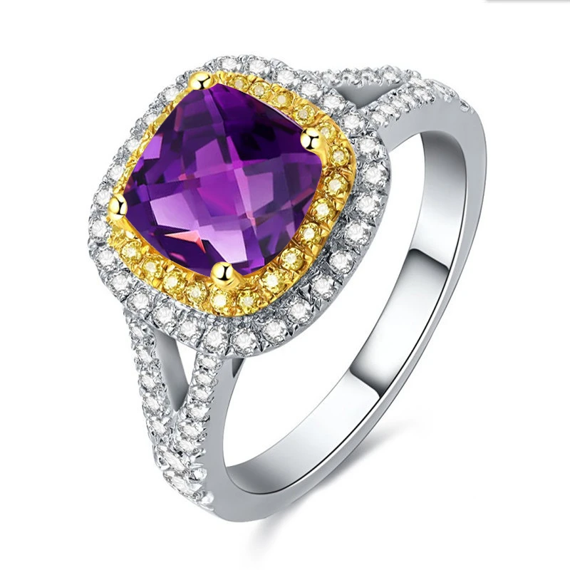 AINUOSHI Природный аметист Square Ring 2.5ct Подушки Огранки Драгоценных Камней Обручение вечерние Для женщин Jewelry 925 пробы серебро Желтый Halo Кольцо
