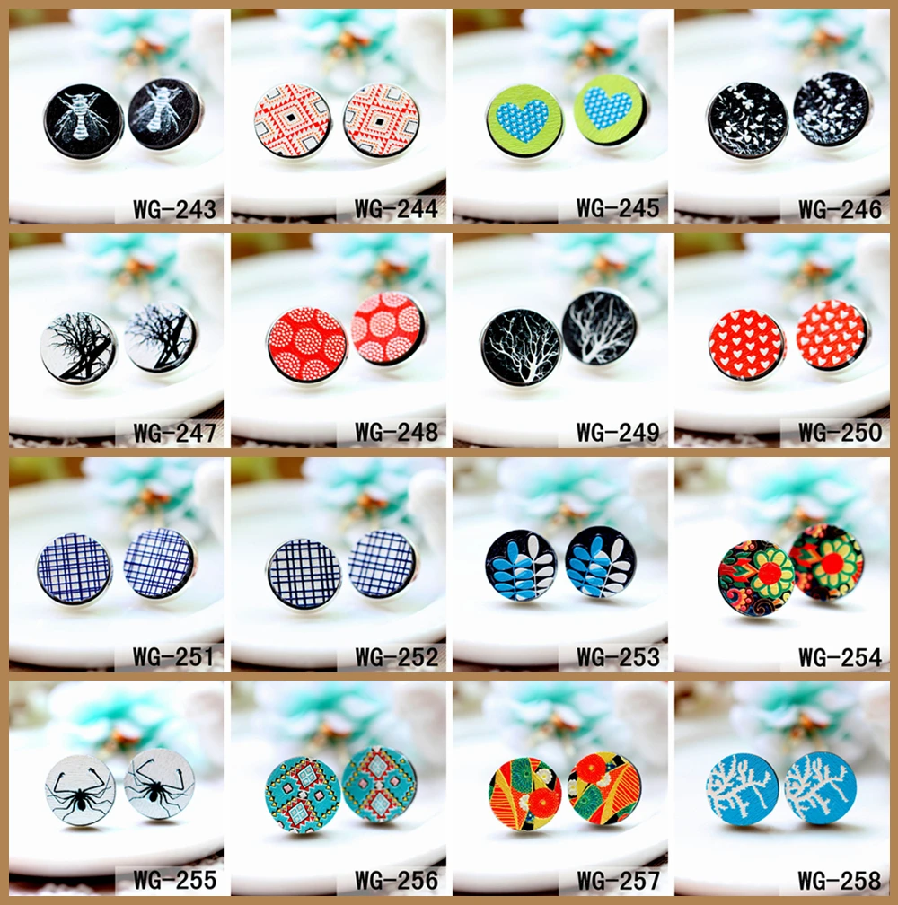 

10PCS WG-243-258 Unique 3D Embossed 16mm Round Coloured Drawing pattern Laser Cut wood Cabochon DIY for Earring