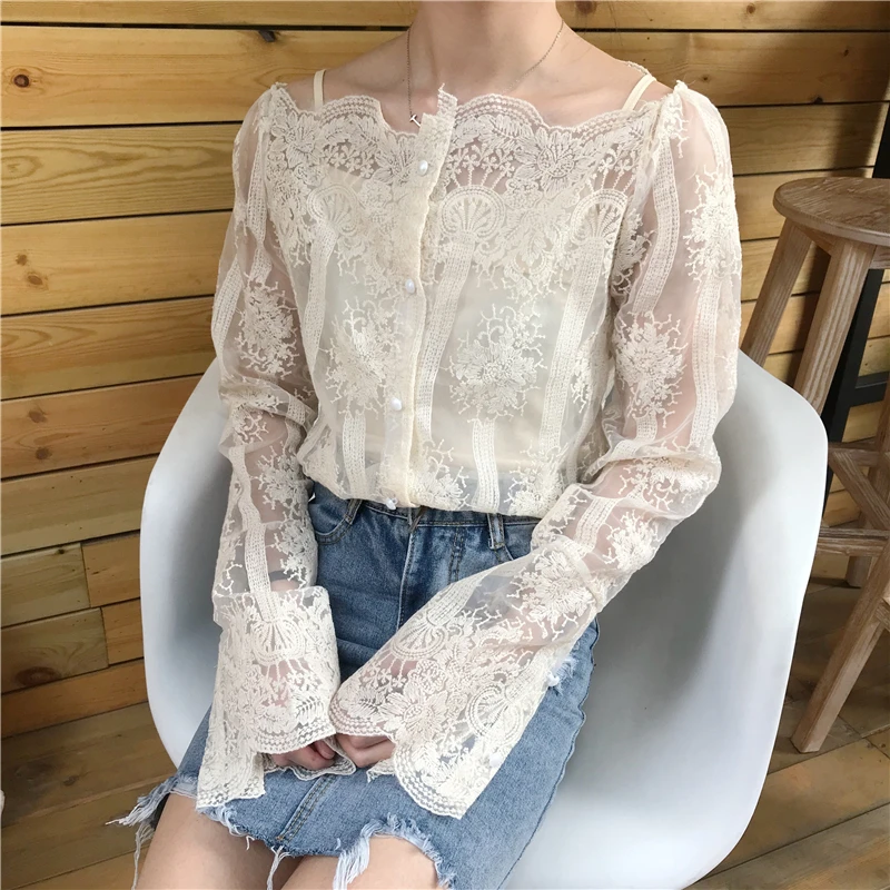 

spring and autumn hollow out sexy basic lace shirts women blouses womens+vest 2pcs set womens 2019 (L322)