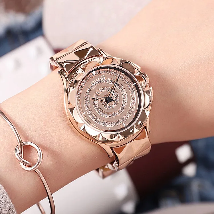 

GUOU Rose Gold Steel Rotation Dial Watches Women Fashion Wristwatches Genuine Dress Watch Quartz Waterproof Relogio Feminino