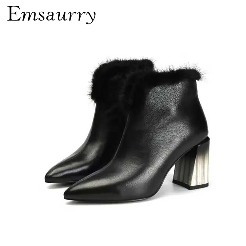 

Individual Chunky Heel Chelsea Boots Soft Fur Sexy Pointed Toe Black White Genuine Leather Autumn Winter Short Booties