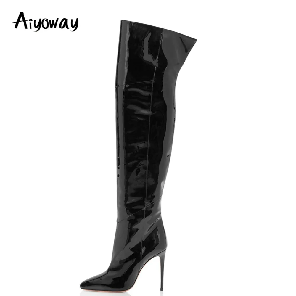 

Aiyoway New Fashion Women Ladies Pointed Toe High Heel Over The Knee Boots Patent Leather Black Side Zipper Winter Hot Boots
