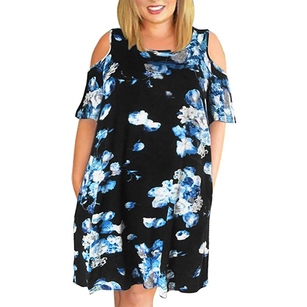 

JAYCOSIN Women Casual O-neck Off The Shoulder Midi Plus Size Summer Dress Short Sleeve Loose Vintage Dresses With Pockets 625W