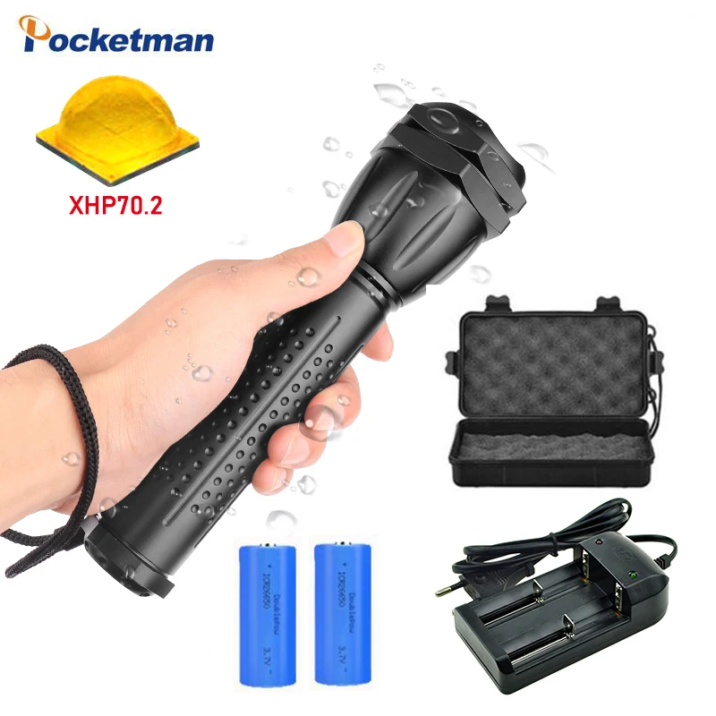 

70000 lumens xhp70.2 led flashlight Zoomable Torch Ultra Bright xhp70 linternas use 18650 or 26650 rechargeable battery Camping