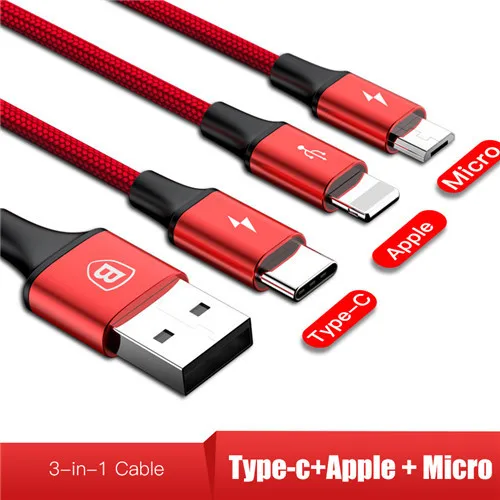 Baseus 3в1 2в1 USB кабель для iPhone X 8 7 6 Micro кабель type usb C кабель для samsung S9 S8 Быстрая зарядка кабель зарядного устройства 3A шнур - Цвет: TLM red