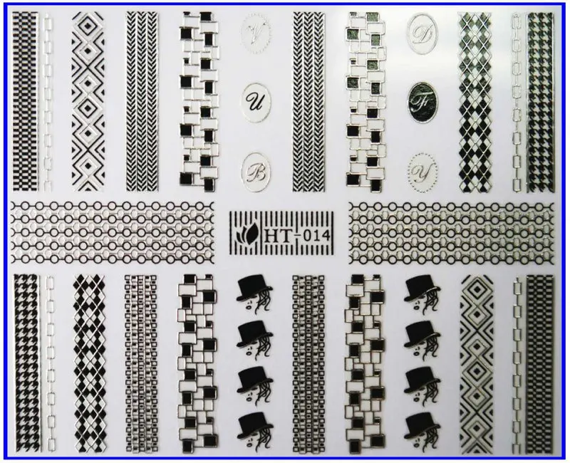1х самоклеющиеся черные, белые, золотые, серебристые металлические наклейки для дизайна ногтей, слайдер, шнурок, цепь, линия, колпачок, сердечки, квадратные HT13-15 - Цвет: HT014 BLACK SILVER