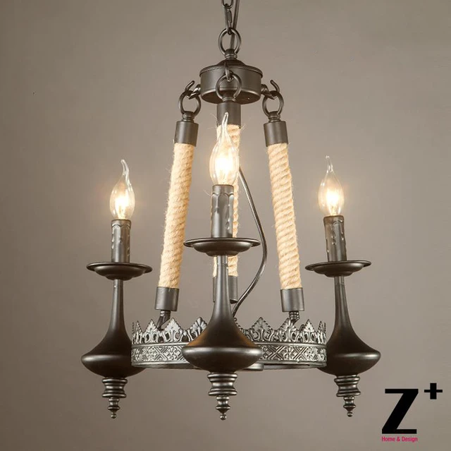 American Style Vintage Linen Rope Candle Chandelier Candlestick Lamp American Style Vintage Linen Rope Candle Chandelier Candlestick Lamp Black Iron