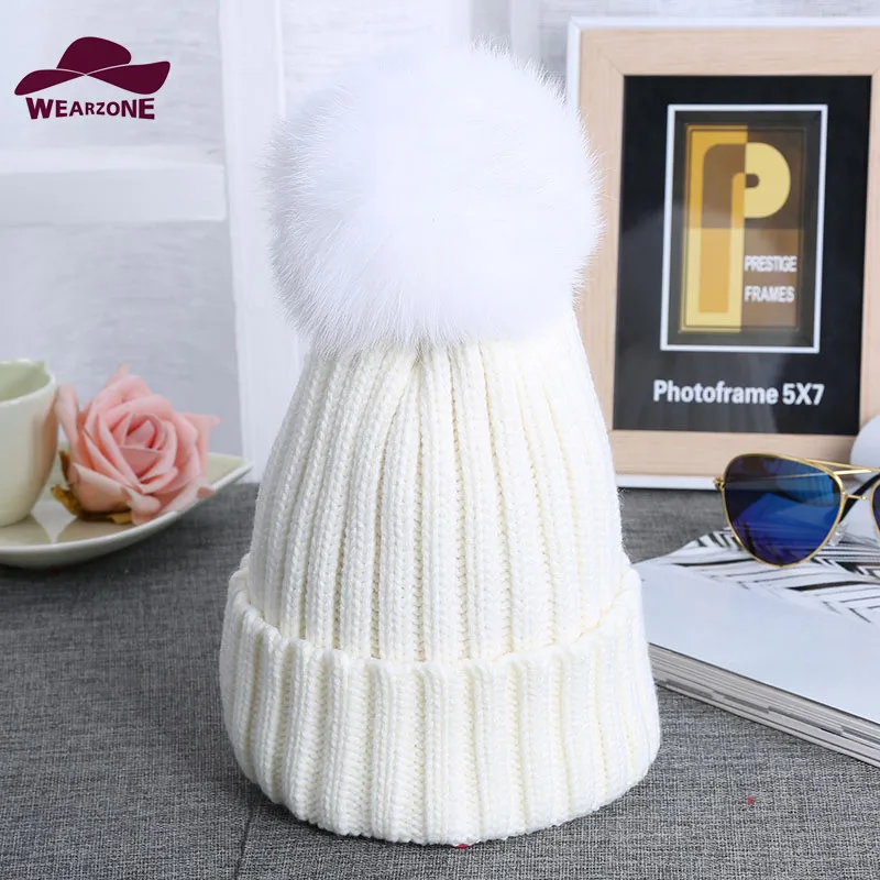 2017 woman s Skullies Fox fur ball cap pom poms winter hat for women girl s