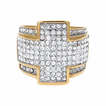 

Hip Hop Bling Ice Out Full Rhinestone Pave Cross Ring Gold Color Titanium Stainless Steel Rings for Men Jewelry Size 7-9