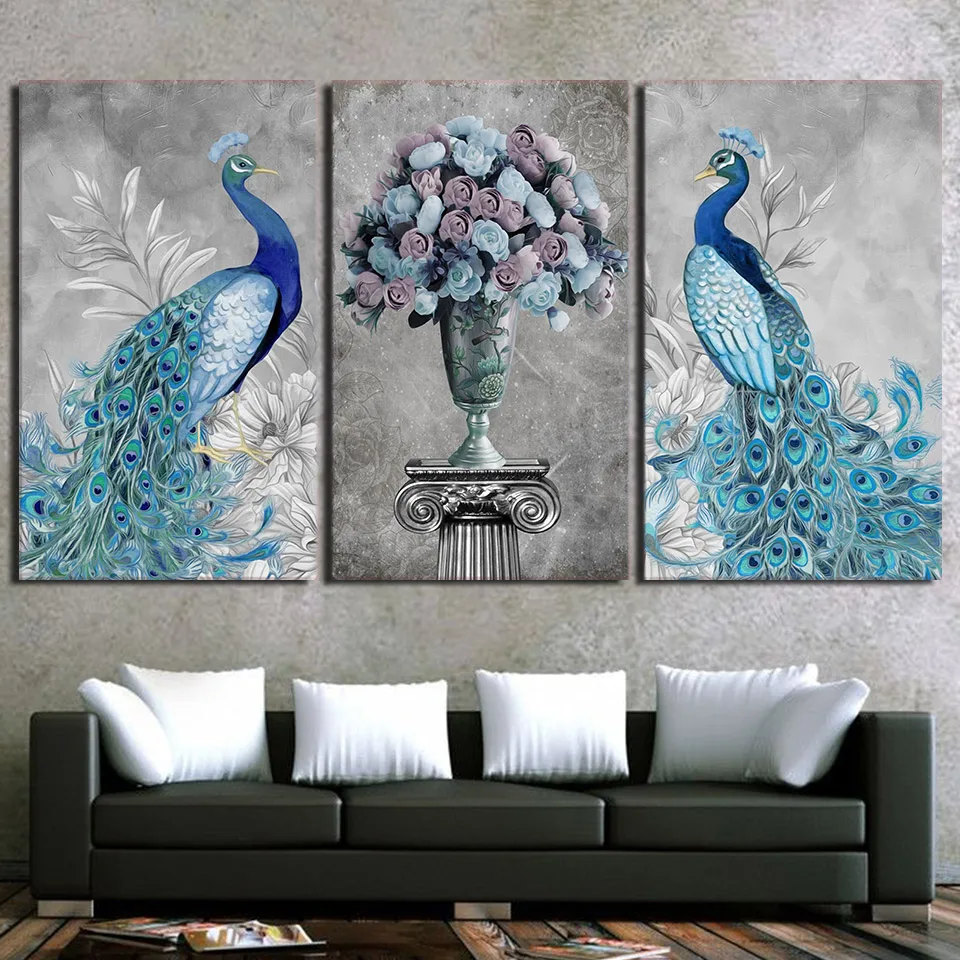 Peacock Blue Aqua 3PC Panels framed canvas picture home decor wall Art 
