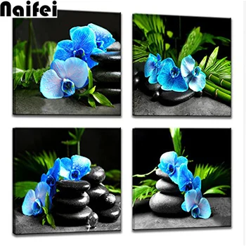 

diamond painting 4pcs/set Blue Flower Zen Stone Diamond embroidery mosaic Painting Living Room Office Bathroom Restaurant Decor