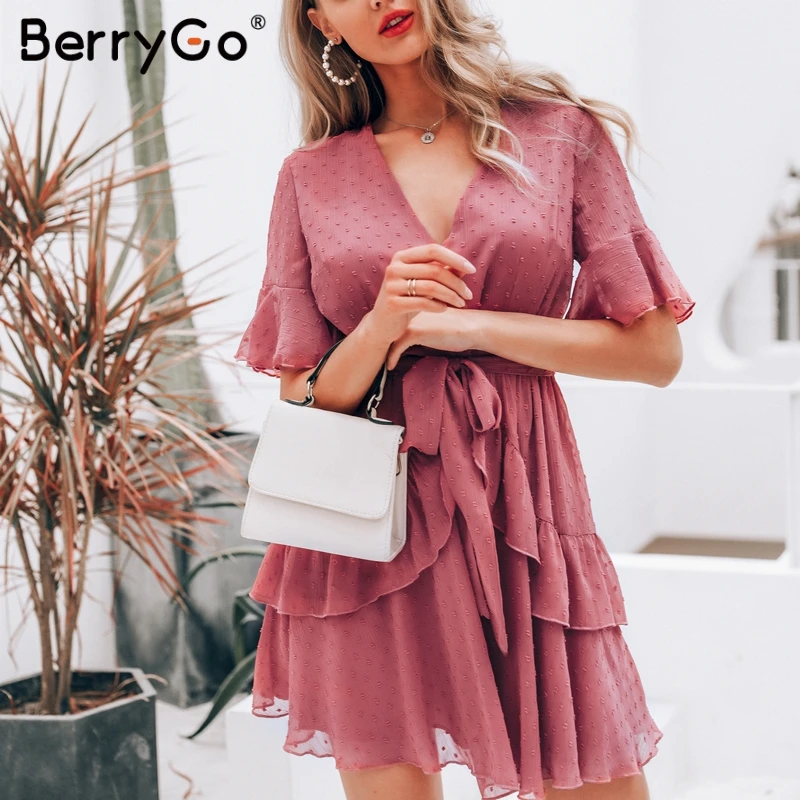 

BerryGo women dresses Summer dress Sexy v-neck polka dot layer ruffle chiffon sundress Elegant zipper holiday vestido mini dress