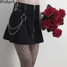 Woherb готическая Черная юбка для женщин с высокой талией панк-юбки с цепью патч Женская повседневная юбка в складку Harajuku Saia 20795
